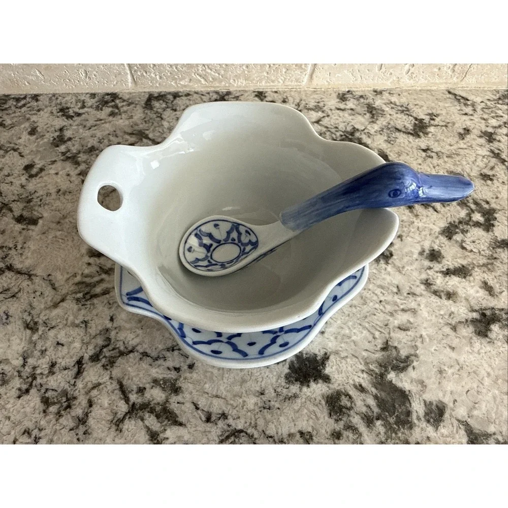 Unique Blue And White Sugar/Creamer Set With Duck Shaped Spoon